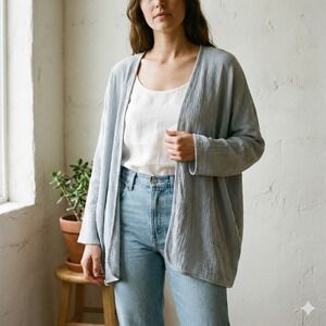 April Meets October Cardigan Sweater Women One Size Slate Blue Gray Cotton Gauze